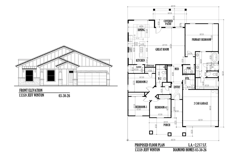 Floor plan and front elevation of 13359 Jeff Winton Dr