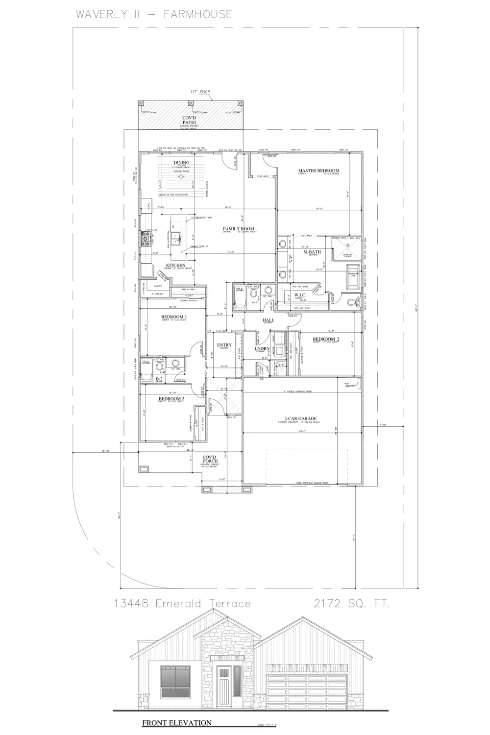Floor plan and front elevation of 13434 Emerald Terrace Dr