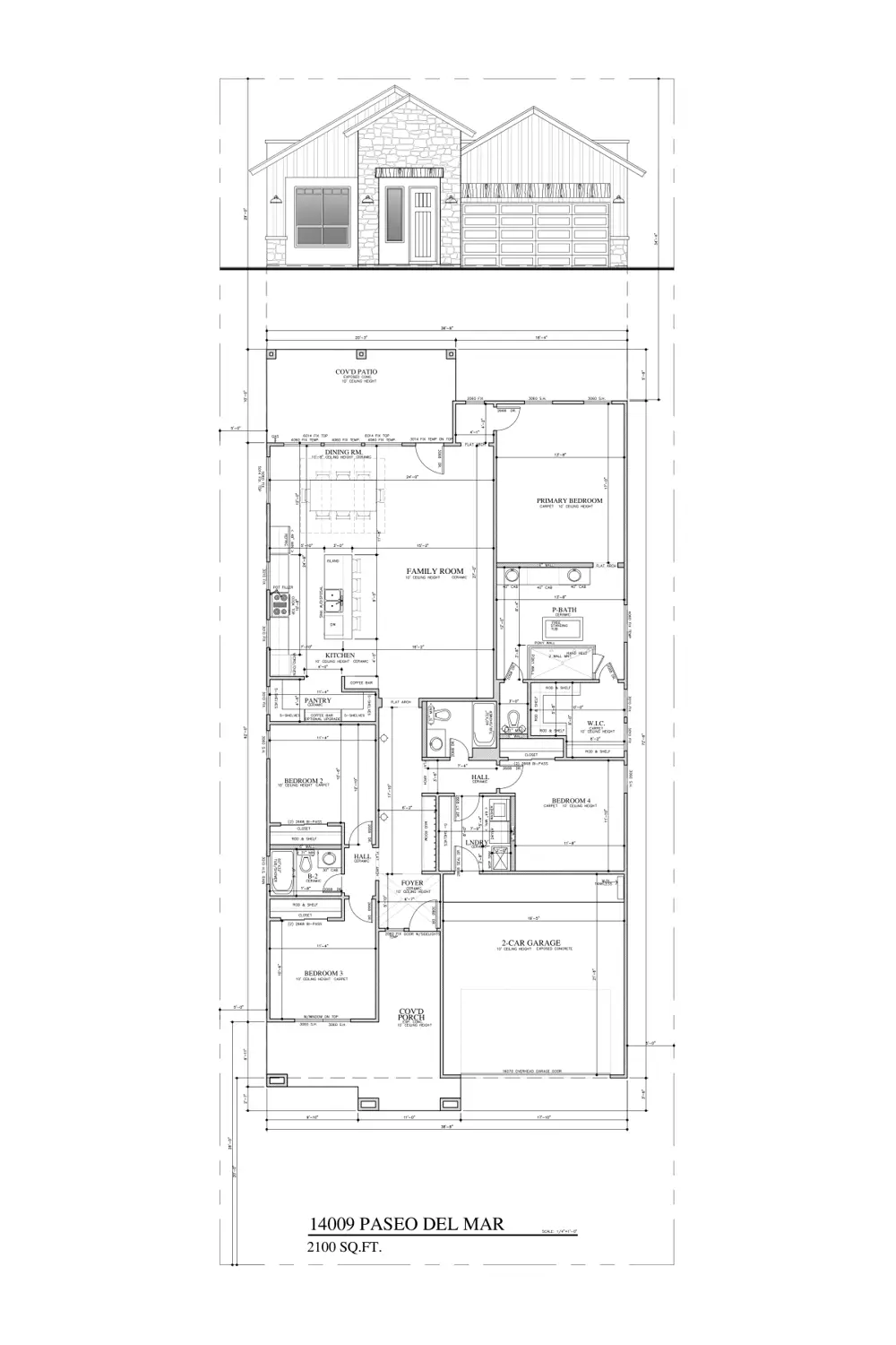 Floor plan and front elevation of 14009 Paseo Del Mar Dr