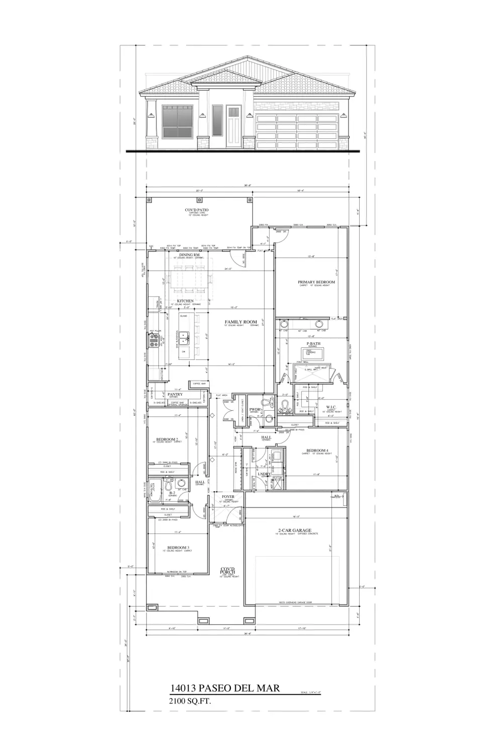 Floor plan and front elevation of 14013 Paseo Del Mar Dr