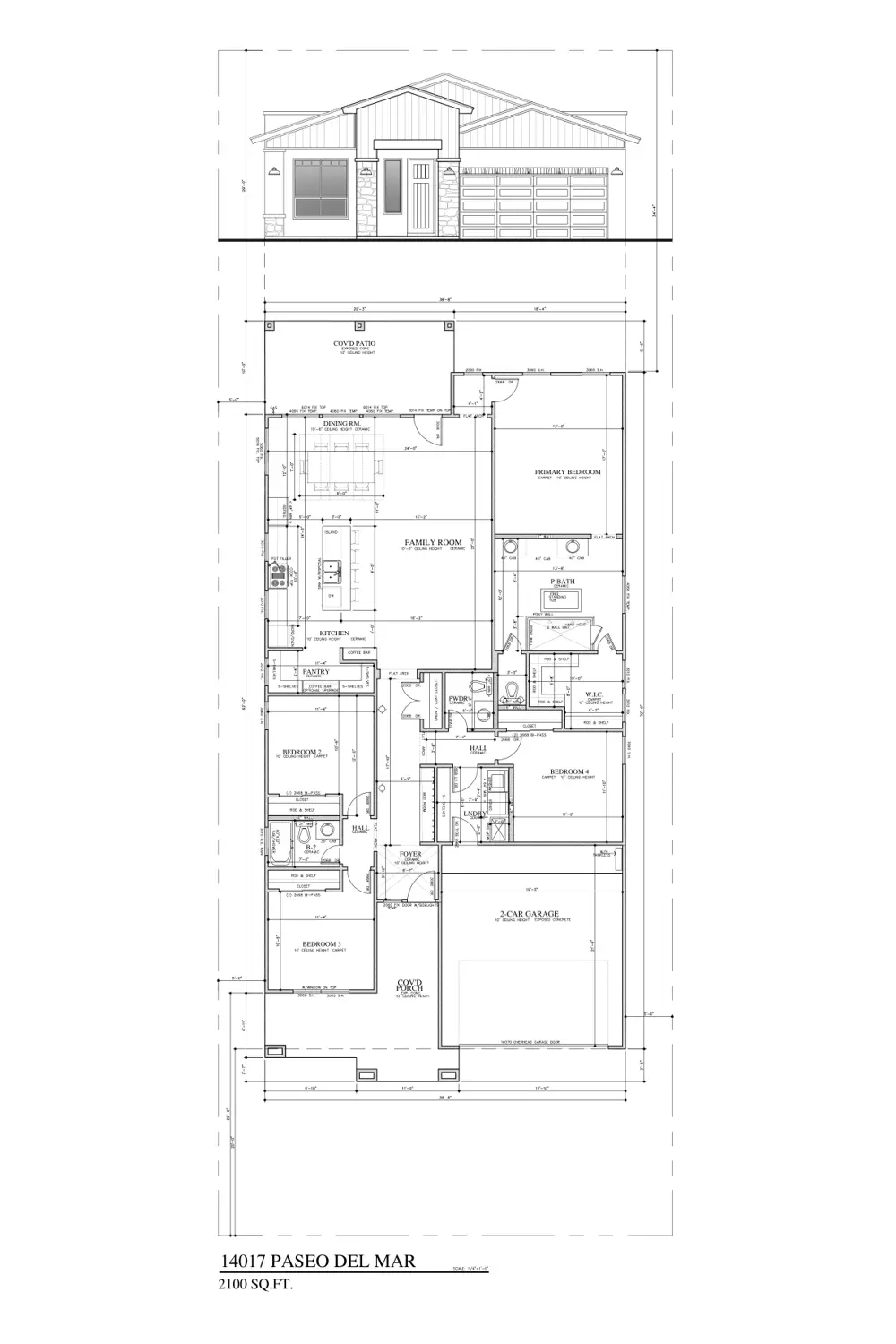 Floor plan and front elevation of 14017 Paseo Del Mar Dr