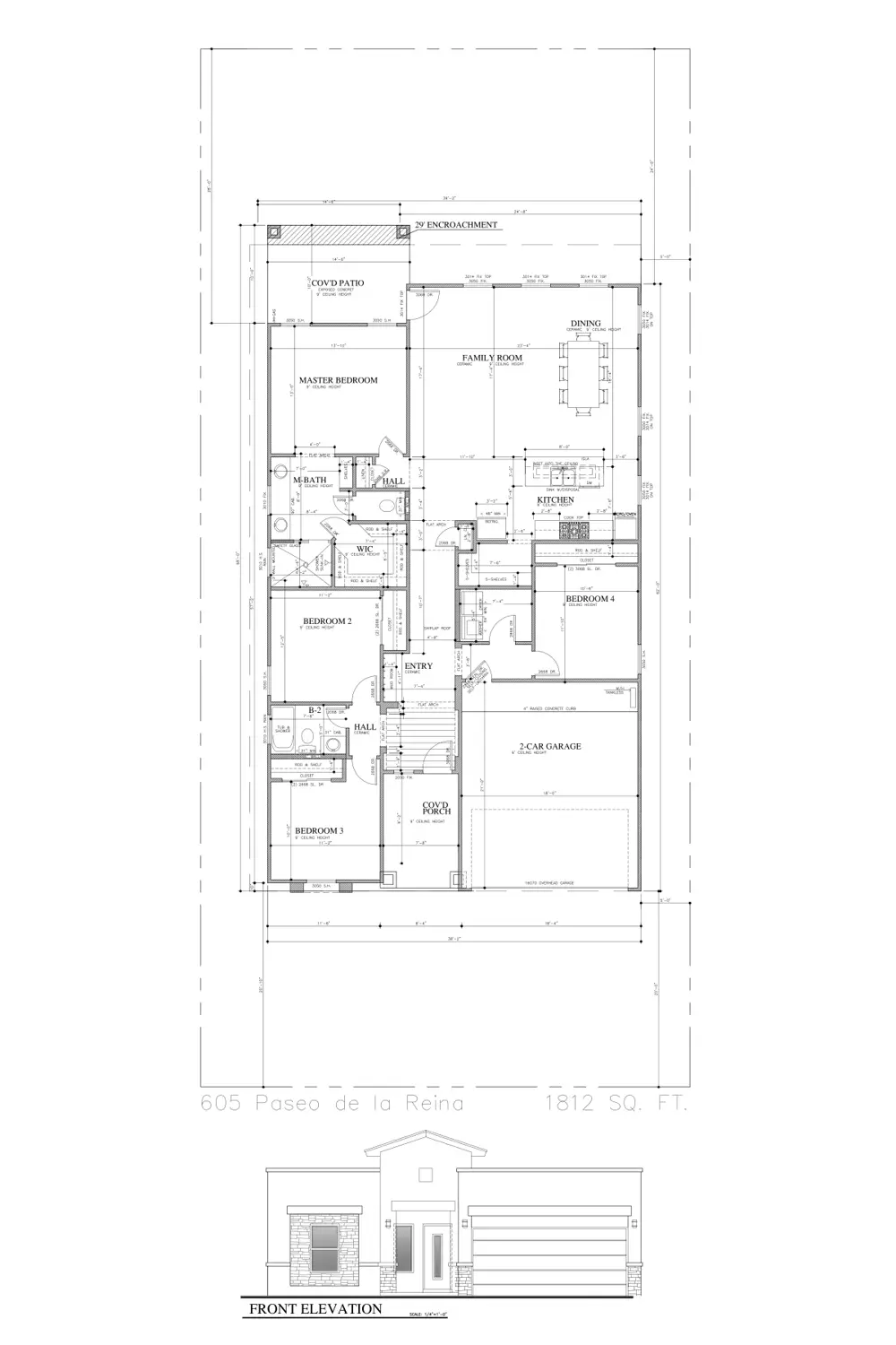 Floor plan and front elevation of 605 Paseo De La Reina St