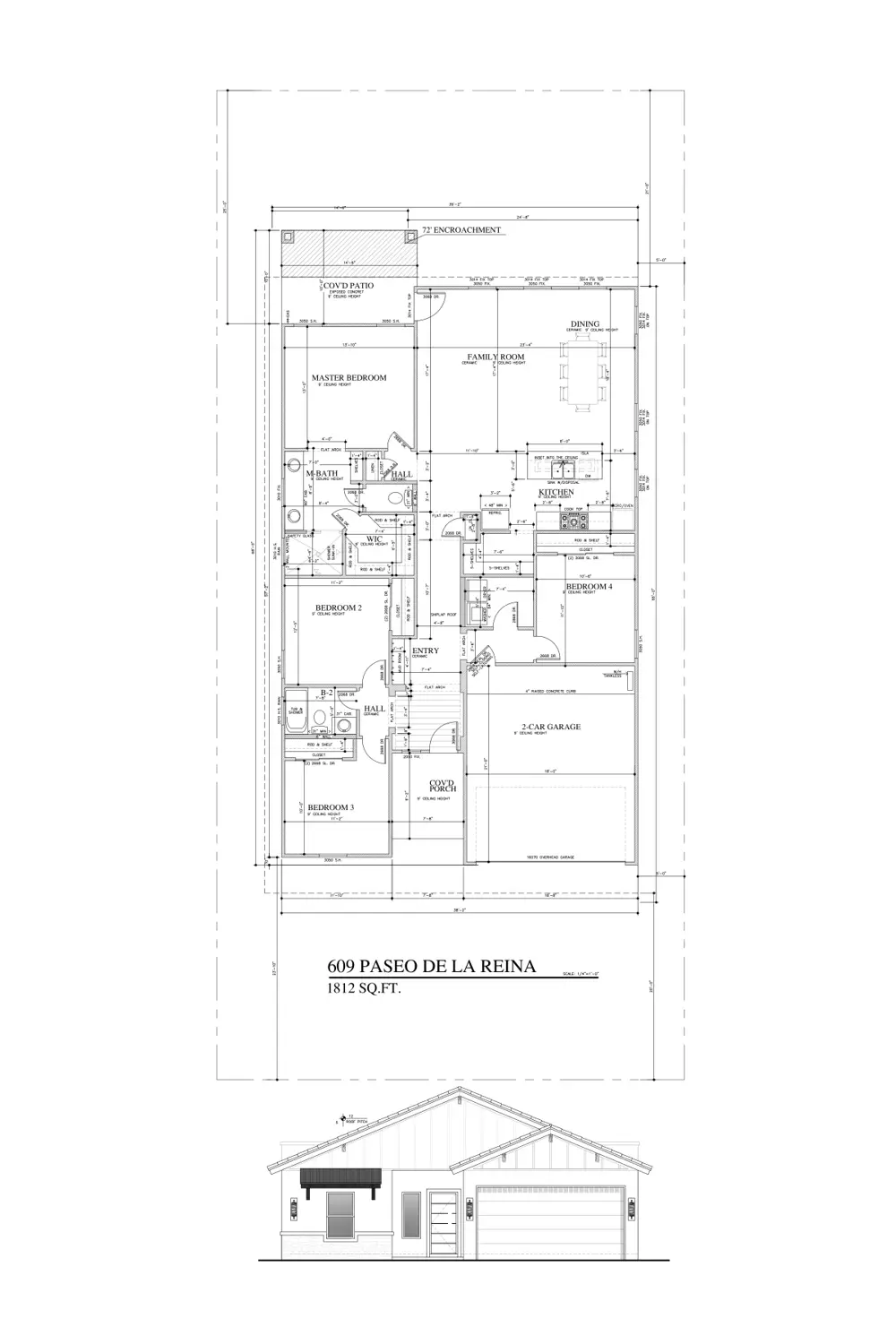 Floor plan and front elevation of 609 Paseo De La Reina St