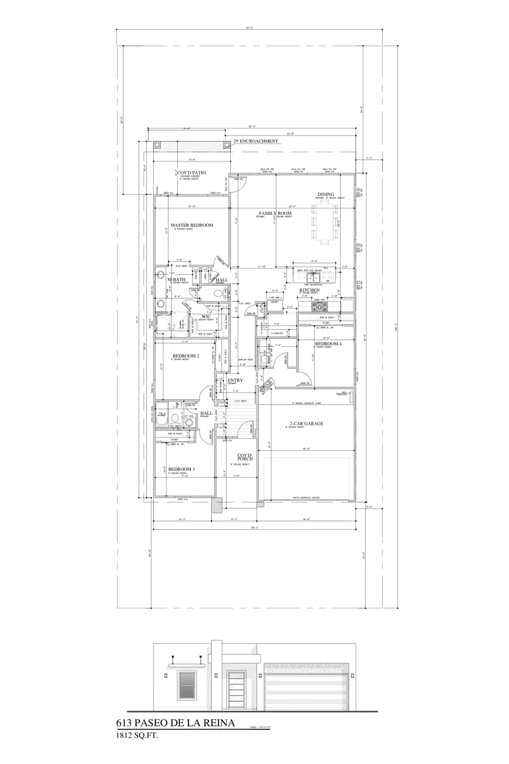 Floor plan and front elevation of 613 Paseo De La Reina St
