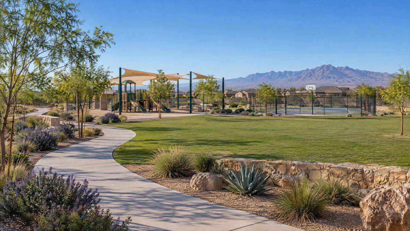 Illustrative rendering of a desert park with a shaded playground, a grass field, a sports court and a walking trail