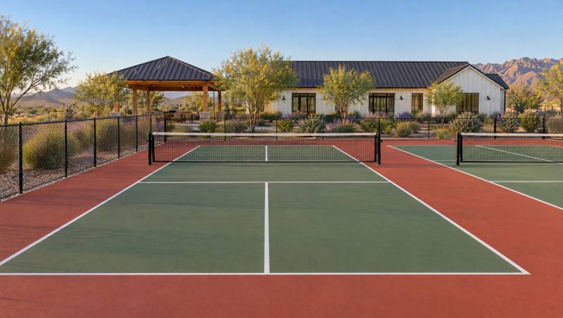 Illustrative rendering of pickleball courts beside an open pavilion and the clubhouse