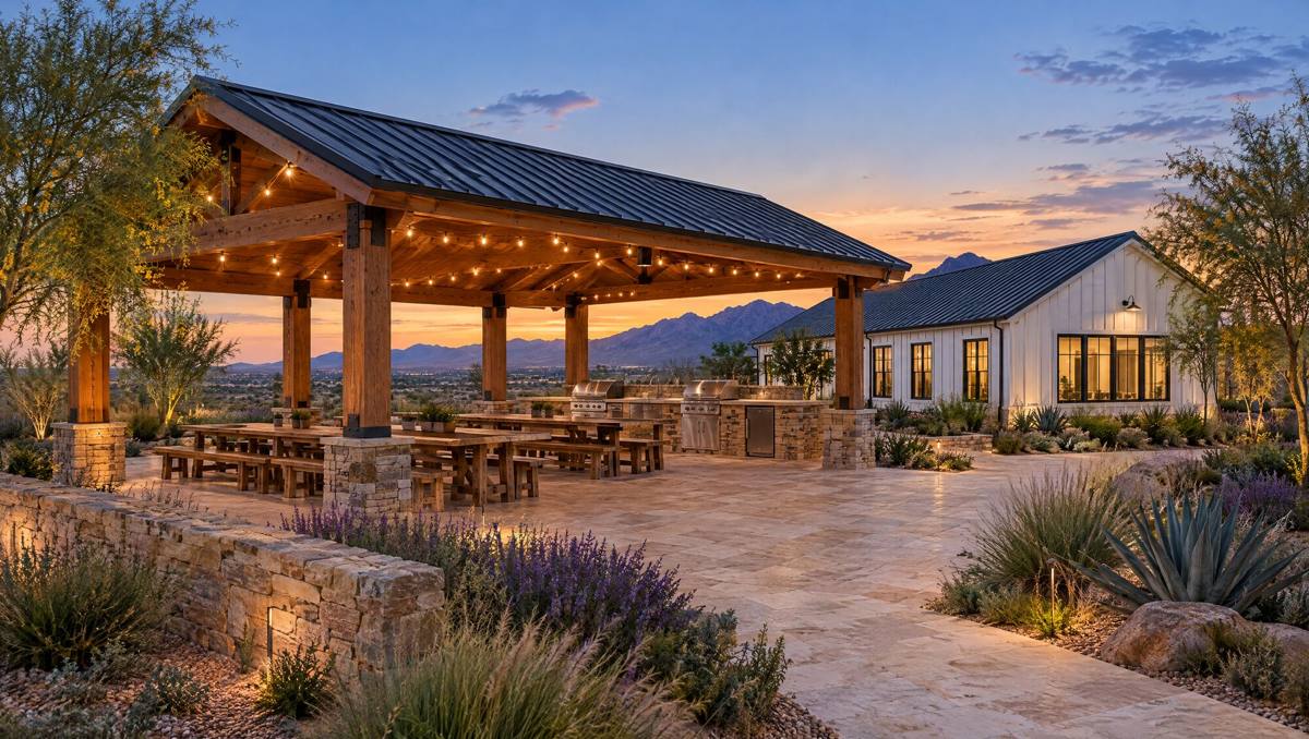 Illustrative rendering of an open pavilion with string lights, picnic tables and an outdoor kitchen beside the clubhouse at dusk