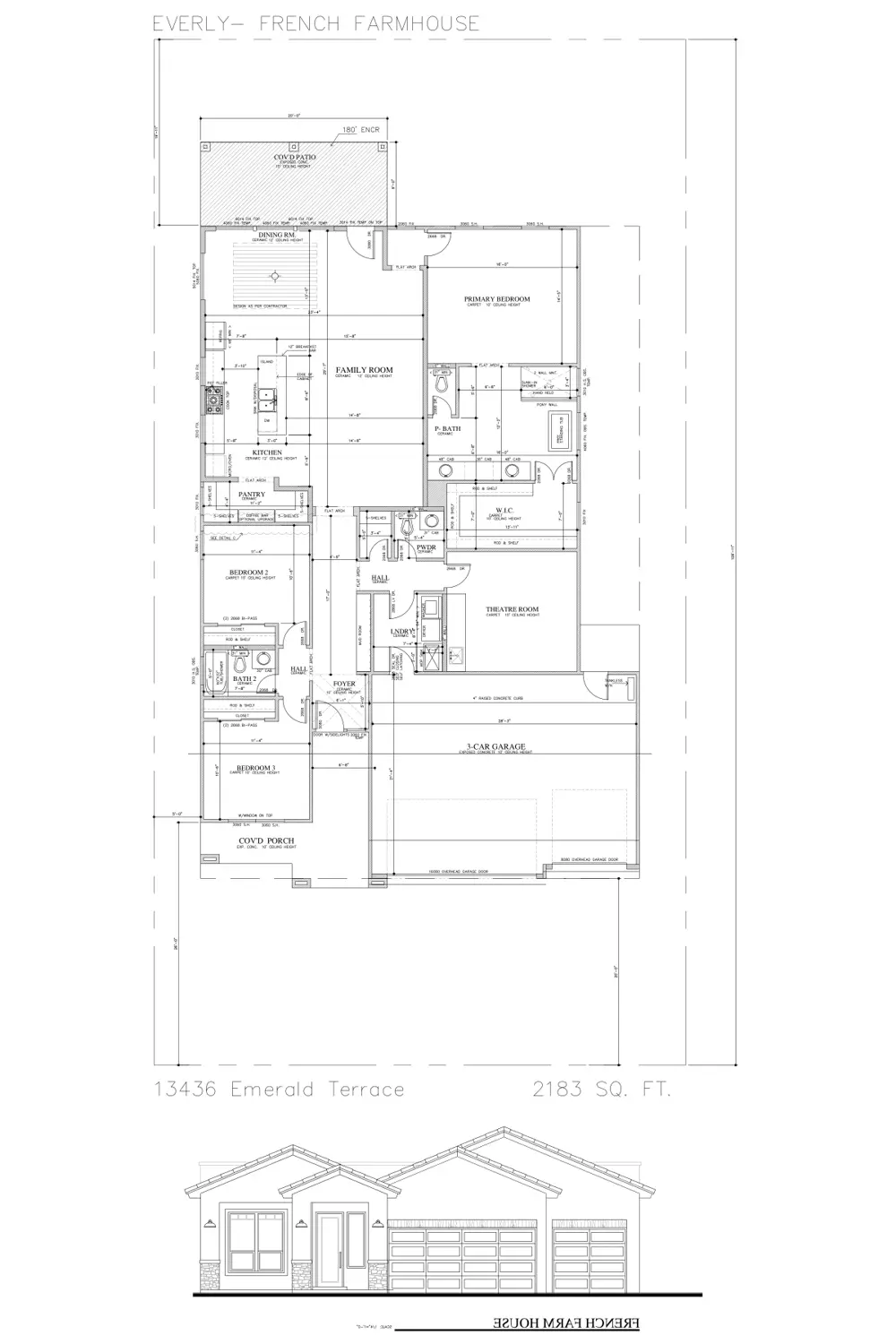 Floor plan and front elevation of 13436 Emerald Terrace Dr