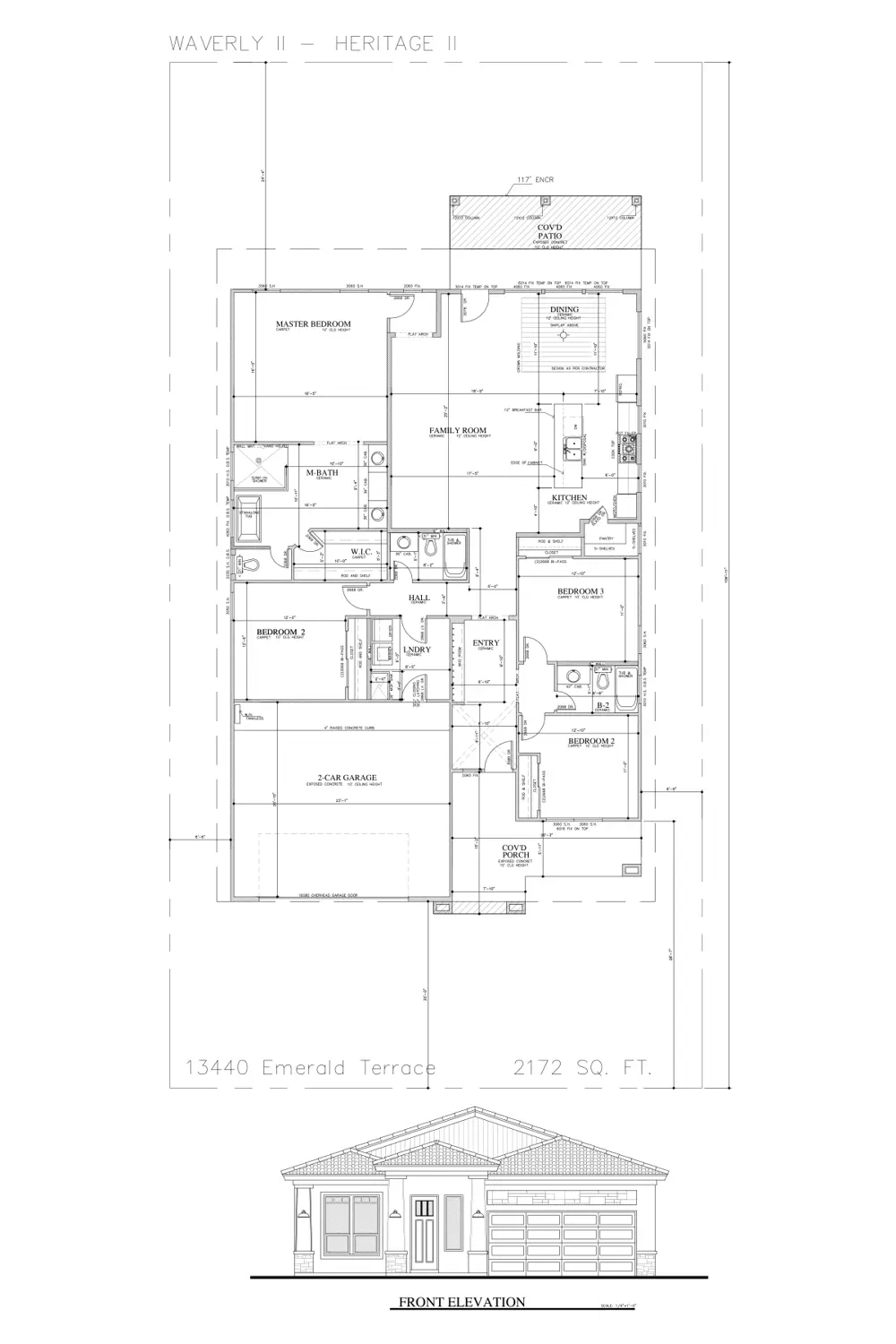 Floor plan and front elevation of 13440 Emerald Terrace Dr