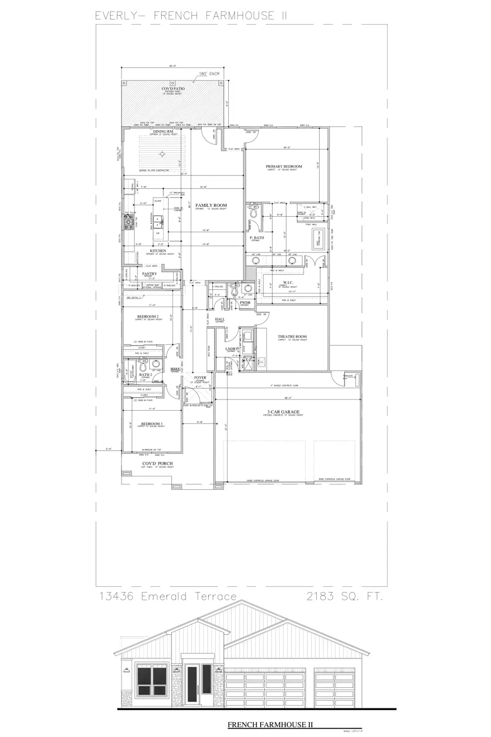 Floor plan and front elevation of 13432 Emerald Terrace Dr