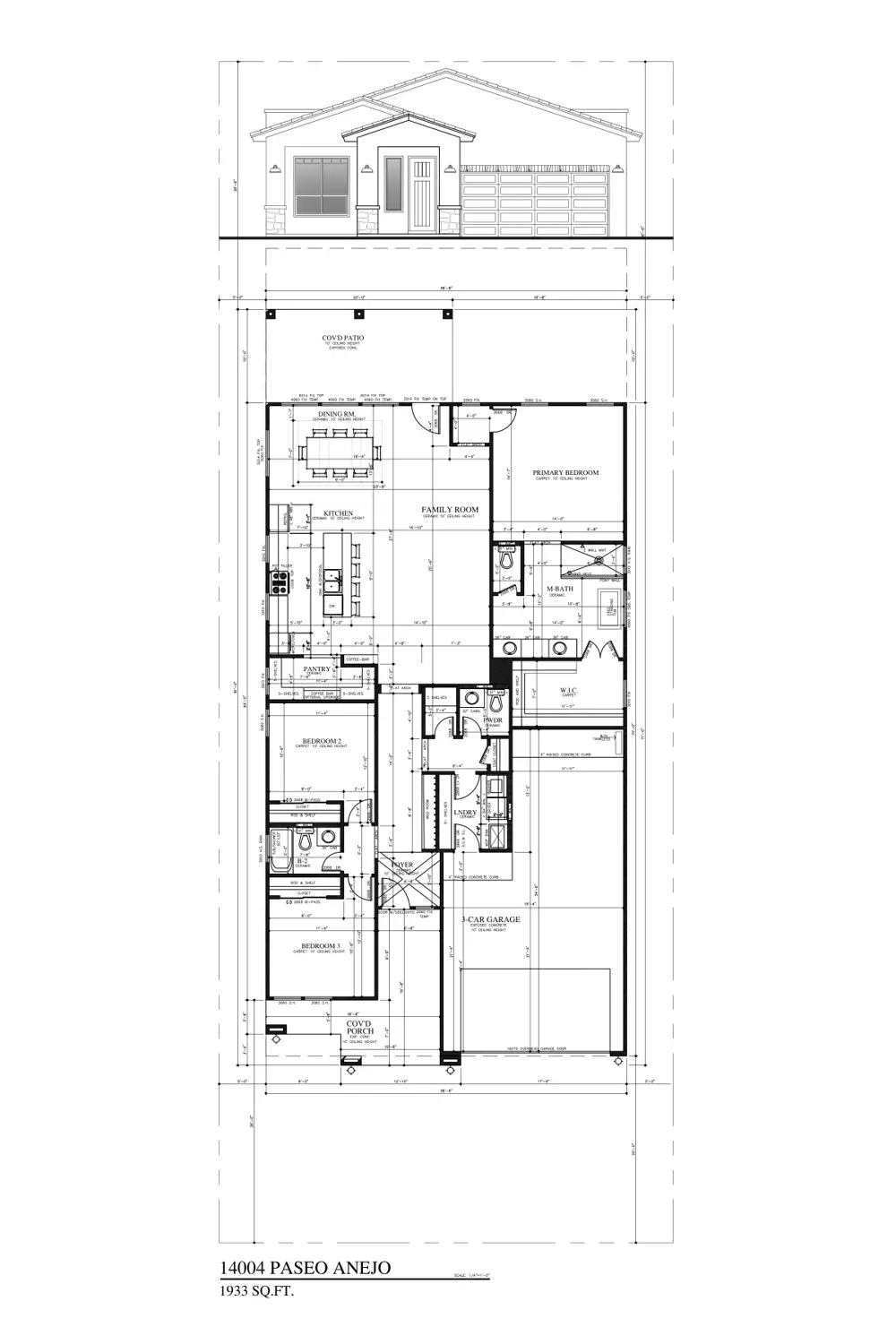 Floor plan and front elevation of 14004 Paseo Anejo Ct