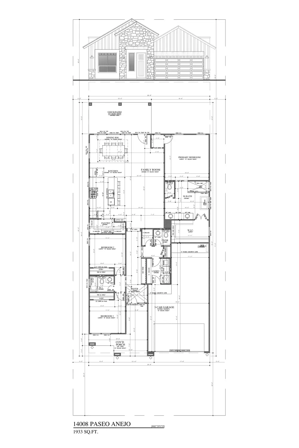 Floor plan and front elevation of 14008 Paseo Anejo Ct