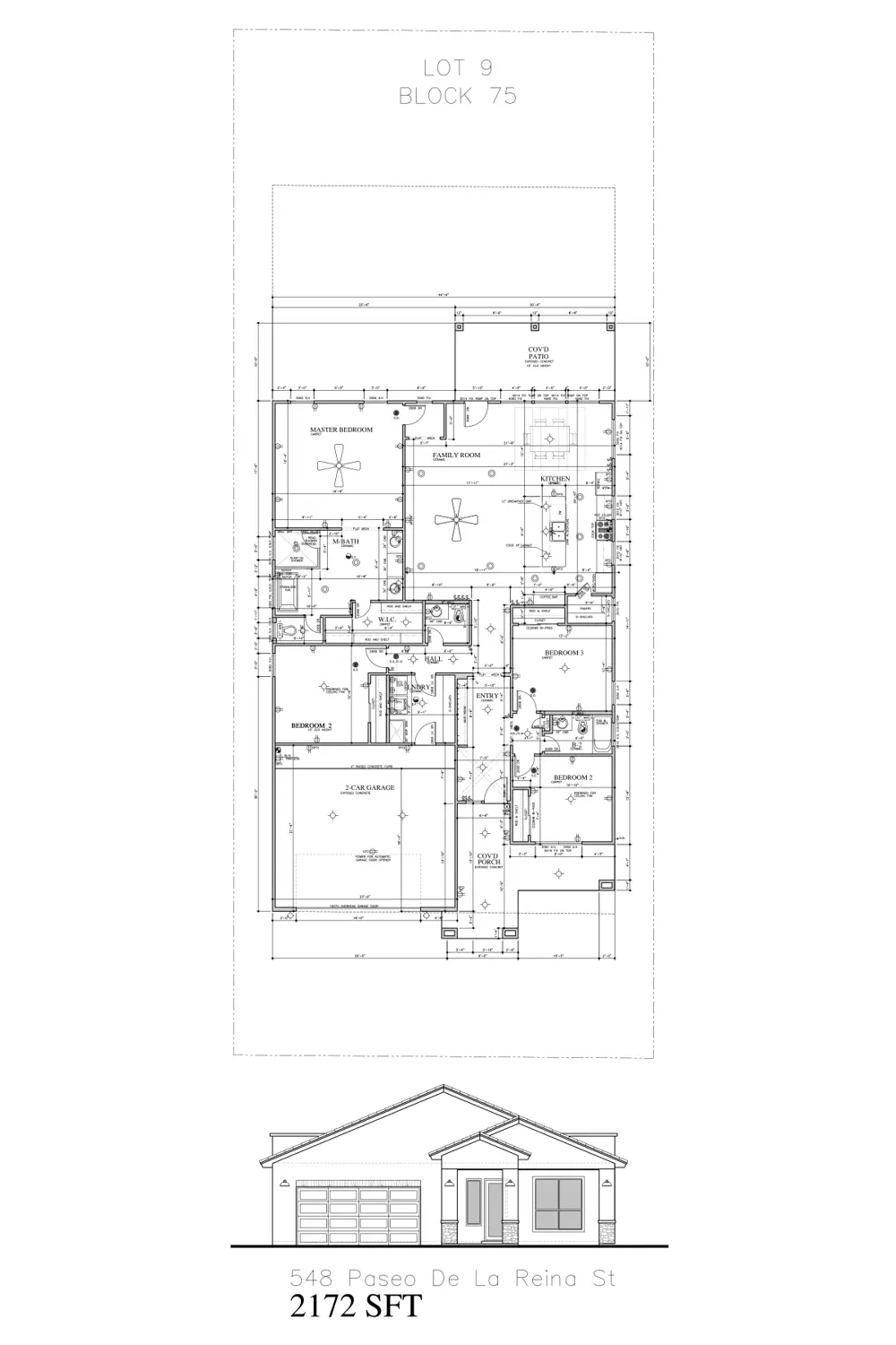 Floor plan and front elevation of 548 Paseo De La Reina St