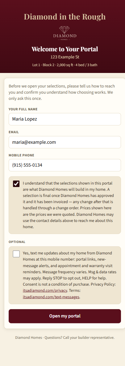 Buyer portal first visit: name, email and mobile number fields, with a separate optional, unticked text-message consent checkbox below them.