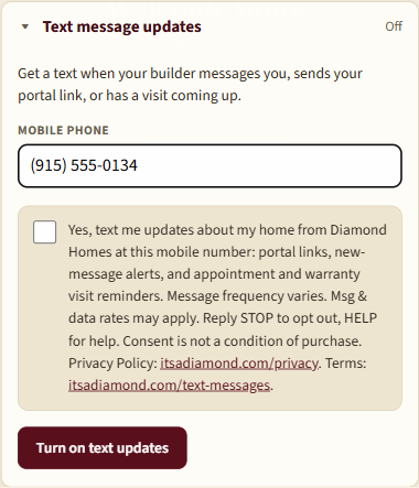Text message updates section inside the buyer portal, where a buyer can turn texts on with their mobile number and the same consent wording, or turn them off.